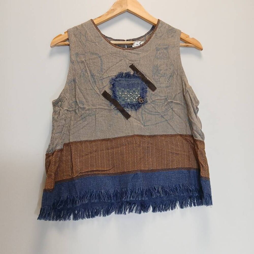 Surya womens large rust brown earthtone patchwork top art top wear blue blouse